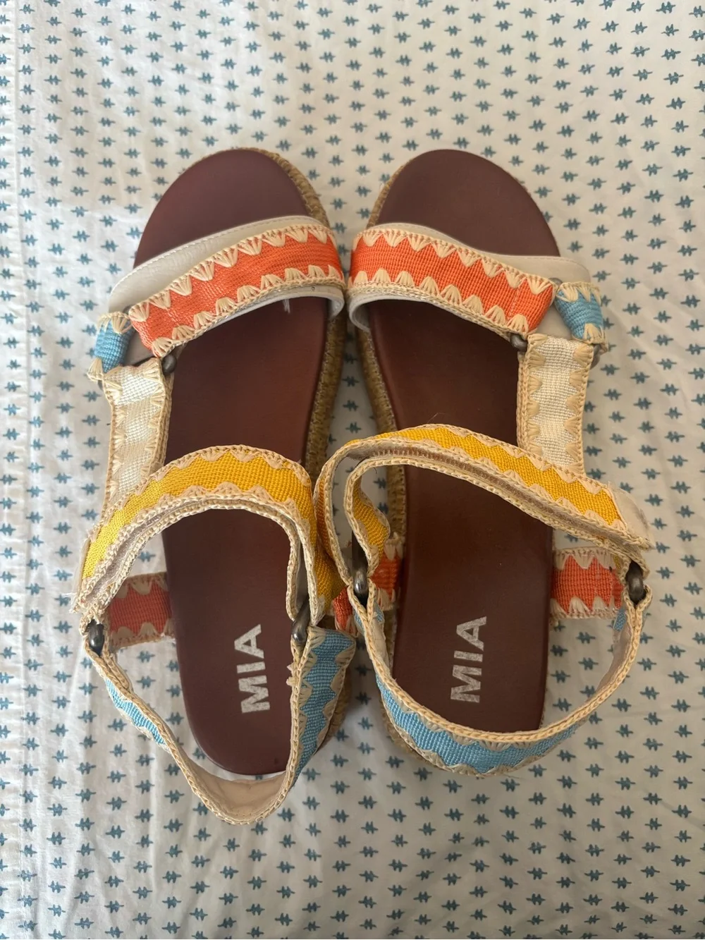 EUC - MIA Women's Colorblock Woven Strap Sandals - Yellow/Blue/Orange - size 8